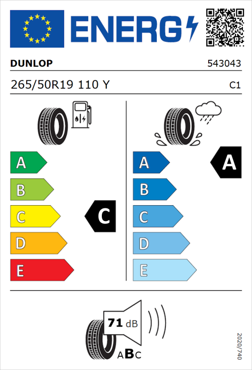 Tyre Label for Dunlop Sportmaxx RT 2 SUV 265/50R19 110Y