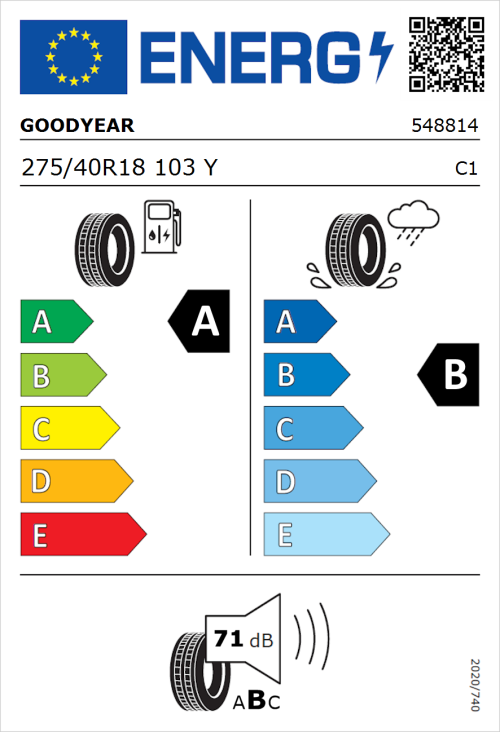 Tyre Label for Goodyear Eagle F1 Asymmetric 3 275/40R18 103Y