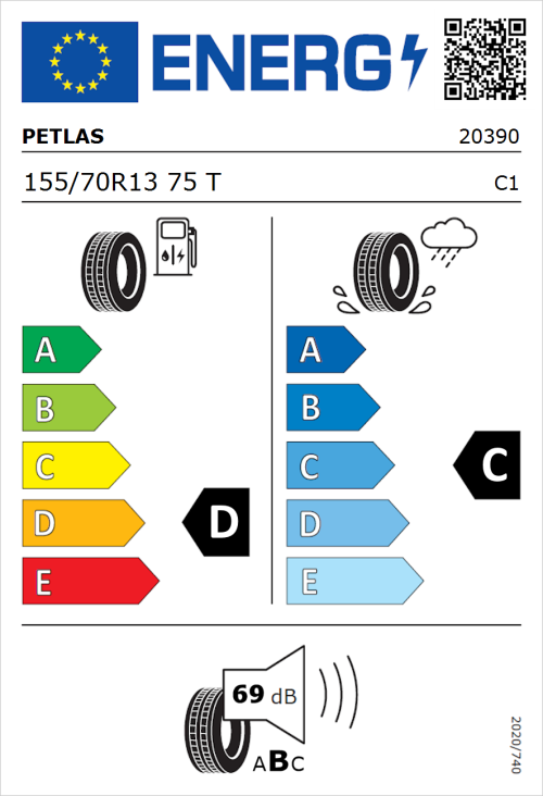 Tyre Label for Petlas Elegant PT311 155/70R13 75T