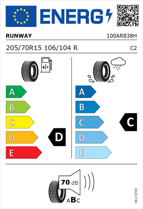 Tyre Label for Runway Enduro 616 205/70R15 106/104R